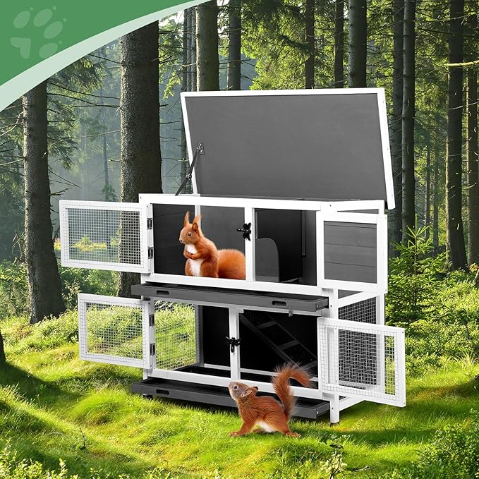 2 Story Rabbit Cage/Guinea Pig Cages,32.7”H Solid Wood Bunny Cage with Pull-Out Trays Waterproof Roof, Indoor Outdoor Rabbit Hutch Guinea Pig Cage Pet House for Small Animals