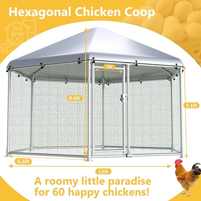 Large Chicken Coop Metal Chicken Runs for Yard with Cover Outdoor Hexagonal Chicken Coop Pet Pens Poultry Cage Duck Rabbit House Backyard Use