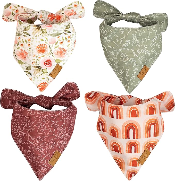 Remy+Roo Small Spring Bandanas - 4 Pack Rubi Set | Premium Durable Adjustable Polyester Fabric | Patented Shape Girl Dog Bandana, Floral Dog Bandana