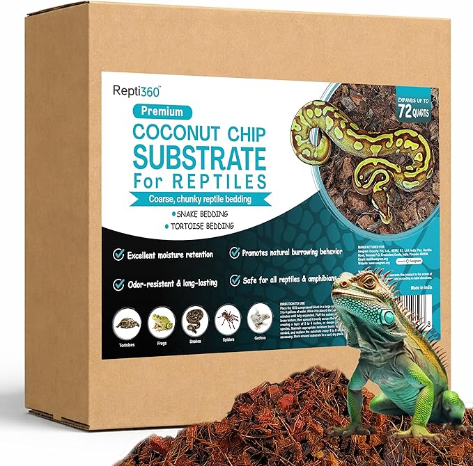 Premium Coconut Chip Substrate for Reptiles – 10 LB Block in Carton Box, Expands to 72 Quarts – Natural & Dust-Free Coco Husk Bedding for Ball Python, Bearded Dragon, Tortoise & Gecko