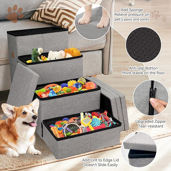 Zerbuger Dog Stairs 23" H, 4-Step Wider Dog Steps for High Beds Window, Folding Storage Pet Stairs Gift for Small/Medium/Large Old Dogs Cats, Ramp for Climbing Car Up to 200 lbs (Gray, with Condo)