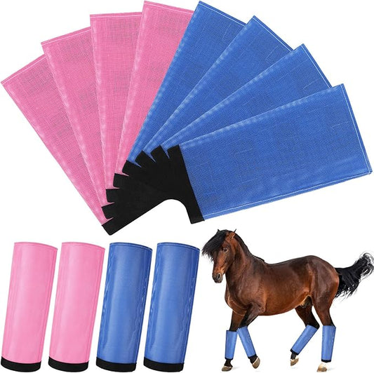 Set of 8 Mesh Fly Boots for Horse Breathable Mesh Horse Boots Protective Loose Wraps Adjustable for Preventing Legs Reduces Flies and Mosquitoes Bites(Blue, Pink,S)