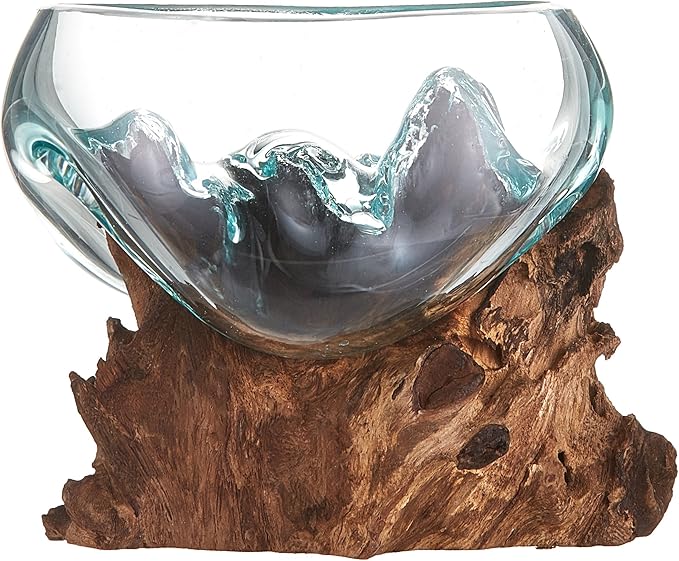 Cohasset Gifts 658-15 Wide Mouth Molten, Approximately 6", Natural Wood and Recycled Glass