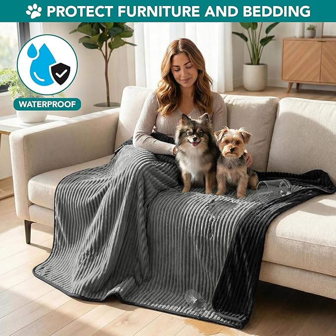 PetAmi Waterproof Dog Blanket, Leakproof Pet Blanket for Small Medium Large Dogs, Reversible Furniture Bed Sofa Couch Cover Protector, Plush Striped Pet Throw for Indoor Cat, 24x32 in, Black Grey