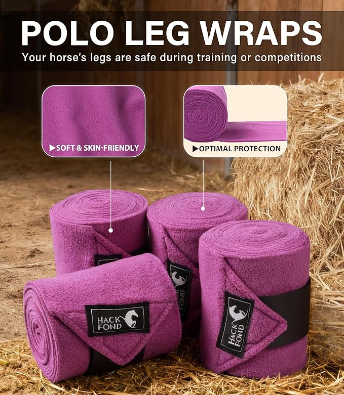 Fleece Horse Polo Leg Wraps Set of 4, 10' Horse Leg Bandages Stable Supplies Equestrian Boots Violet
