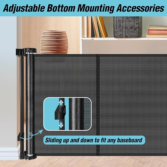 24 Inches Tall Retractable Baby Gates for Doorways, Short Dog Gates to Step Over, Extends up to 55" Wide, Reinforced Mesh Baby Gate for Kids or Pets, Doggie Gates Puppy Gates for The House (Black)