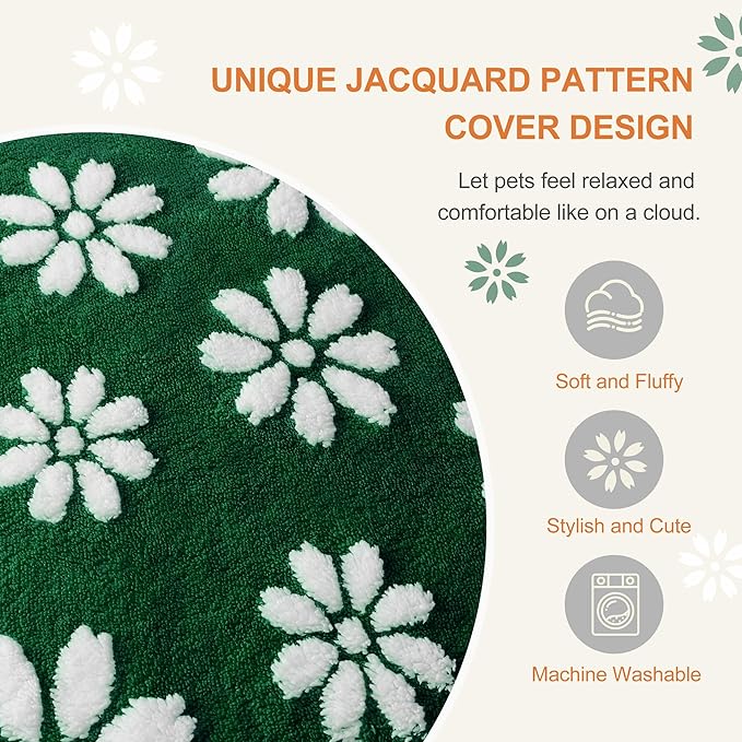 Dog Beds for Large Dogs, Cute Thick Dog Bed for Crate Kennel, Fluffy Pet Bed with Removable Washable Cover and Anti-Slip Bottom, 35"x 22", Green Flower