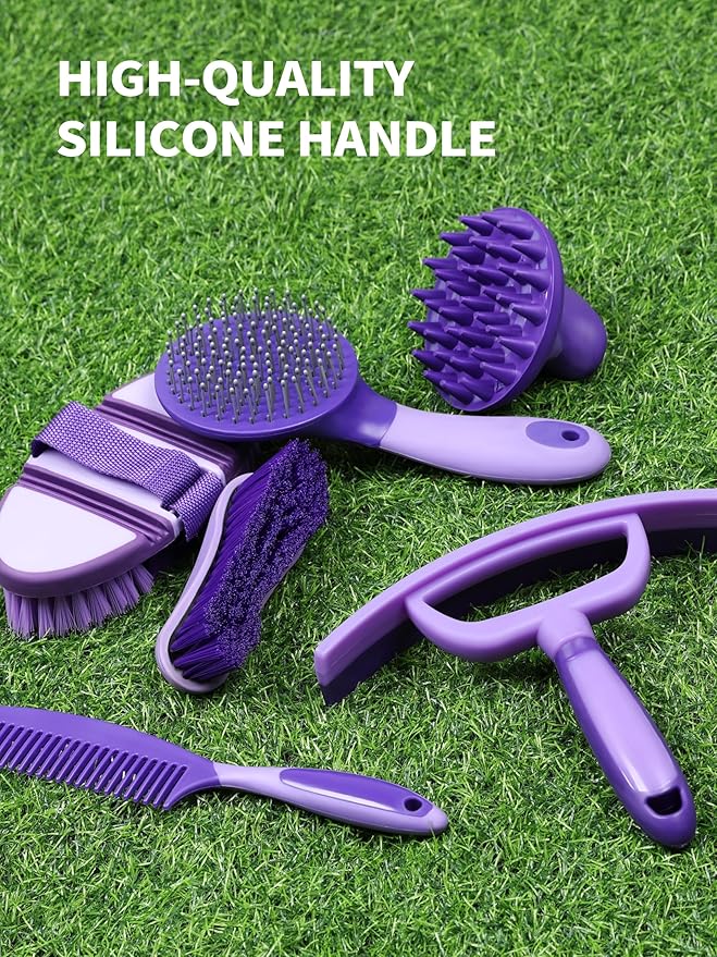 Harrison Howard Horse Grooming Kit, 9-Piece Complete Grooming Tools Set with Non-Slip Silicone Grip for Daily Horse Care, Bathing & Shedding Purple