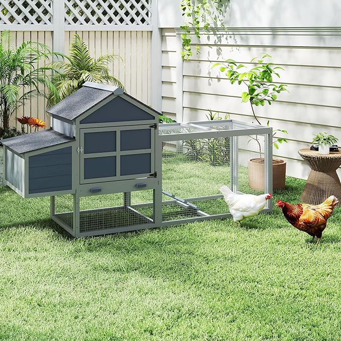 COZIWOW Outdoor Chicken Coop, Wooden Hen House with Nesting Box, Run, Resting Room, Ramp, Pull-Out Tray, Weatherproof, Patio Garden Pen Hutch for Ducks Poultry Pets, Easy to Clean, Gray (Normal)