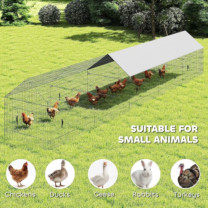 PawHut Metal Chicken Coop, Large Chicken Run with Water-Resistant & Anti-UV Cover for 7-9 Hens, Outdoor Hen House Rabbit Hutch with 10 Doors for Duck, Small Animal, for Backyard, 21' x 3.5' x 3.6'