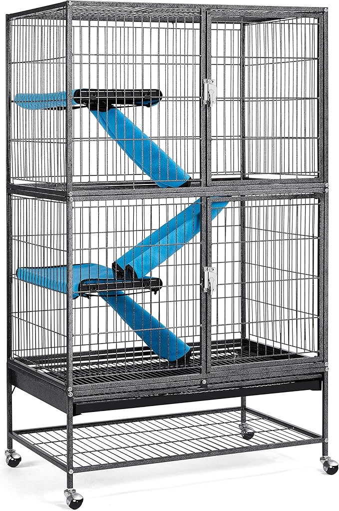 Topeakmart Small Animals Cages Ferret/Guinea Pigs/Chinchilla/Rabbit Cages 2-Story Rolling Metal Cage w/ 2 Removable Ramps &Litter Box, Hammock,Black