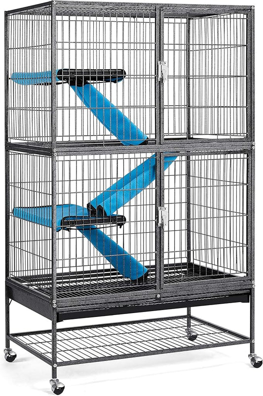 Topeakmart Small Animals Cages Ferret/Guinea Pigs/Chinchilla/Rabbit Cages 2-Story Rolling Metal Cage w/ 2 Removable Ramps &Litter Box, Hammock,Black