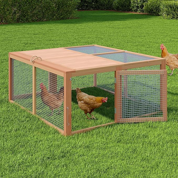 GarveeHome Folding Chicken Coop Run Rabbit Hutch, Portable Wooden Chicken Cage Pens with Top & Side Opening Doors, Small Animal Poultry Pet Cage for Outdoor, Indoor, No Assembly Required, Dark Oak+Oak