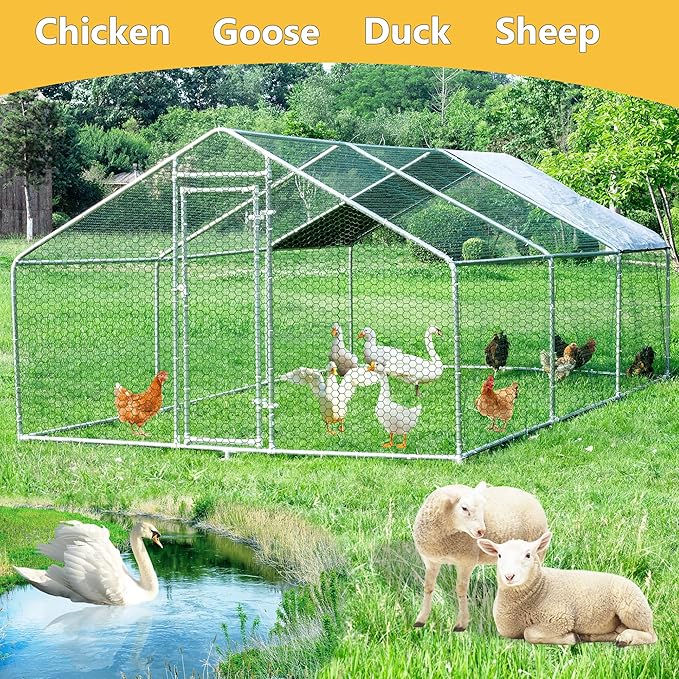 Large Chicken Coop Chicken Runs for Yard with Cover Outdoor Metal Pet Pens Poultry Cage Duck Rabbit House Backyard Use