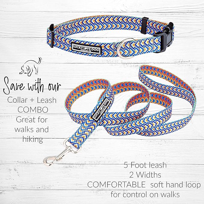 Lucky Love Dog, Bold Matching Dog Collar and Leash Set, Soft & Adjustable, Geometric Pattern Collar and Leash for Male Female Dogs - (X-Small, Murphy Combo)