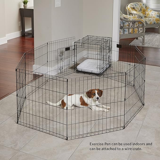 MidWest Homes for Pets 30-Inch Exercise Pen, for Indoor and Outdoor Use, 16 Sq Feet of Play, Single Door Folding Dog Pen, with Large Door Opening & Secure Latch, Easy to Set Up, Foldable Dog Playpen