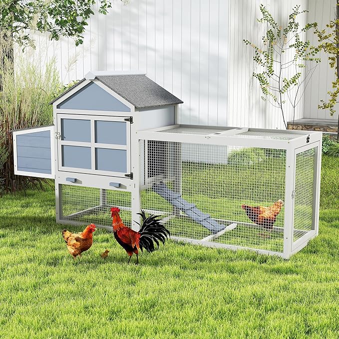 COZIWOW Outdoor Chicken Coop, Wooden Hen House with Nesting Box, Run, Resting Room, Ramp, Pull-Out Tray, Weatherproof, Patio Garden Pen Hutch for Ducks Poultry Pets, Easy to Clean, Gray (Normal)