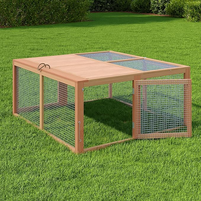 GarveeHome Folding Chicken Coop Run Rabbit Hutch, Portable Wooden Chicken Cage Pens with Top & Side Opening Doors, Small Animal Poultry Pet Cage for Outdoor, Indoor, No Assembly Required, Dark Oak+Oak