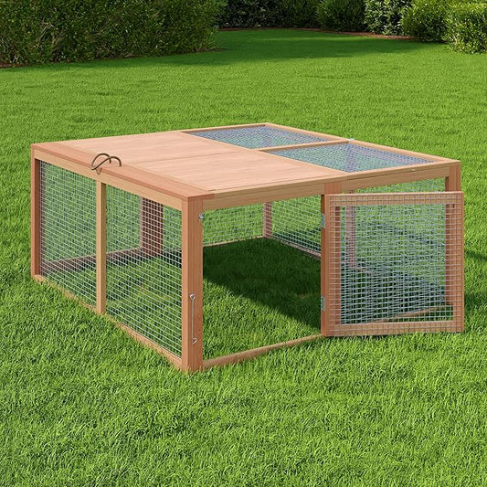 GarveeHome Folding Chicken Coop Run Rabbit Hutch, Portable Wooden Chicken Cage Pens with Top & Side Opening Doors, Small Animal Poultry Pet Cage for Outdoor, Indoor, No Assembly Required, Dark Oak+Oak