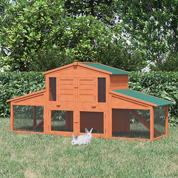 PawHut 89" L Outdoor Rabbit Hutch, Guinea Pig Cage Indoor Outdoor Wooden Bunny Hutch with Double Runs, Weatherproof Roof, Removable Tray, Ramps, Orange