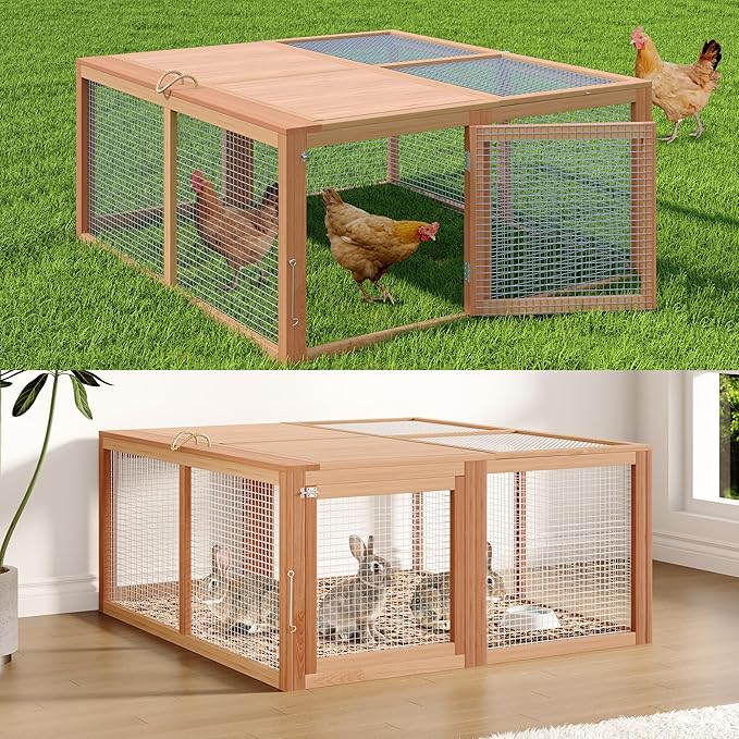 GarveeHome Folding Chicken Coop Run Rabbit Hutch, Portable Wooden Chicken Cage Pens with Top & Side Opening Doors, Small Animal Poultry Pet Cage for Outdoor, Indoor, No Assembly Required, Dark Oak+Oak