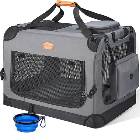 Morpilot 24-inch Portable Collapsible Dog Crate: Travel Dog Crate Soft-Sided for Small Medium Dogs up to 40lbs, with Foldable Bowl, Shoulder Strap & Storage Pockets, Grey