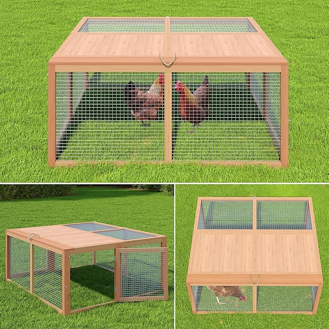GarveeHome Folding Chicken Coop Run Rabbit Hutch, Portable Wooden Chicken Cage Pens with Top & Side Opening Doors, Small Animal Poultry Pet Cage for Outdoor, Indoor, No Assembly Required, Dark Oak+Oak