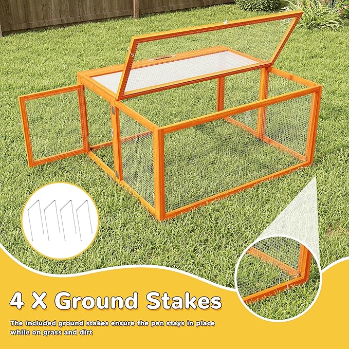 COZIWOW Chicken Coop Pen Portable Wooden Rabbit Hutch - Folding Indoor & Outdoor Chicken Cage Brooder with UV-Proof Panel, Top and Side Openable Doors, Includes 4X Garden Stakes, 43.3 Inch (Orange)